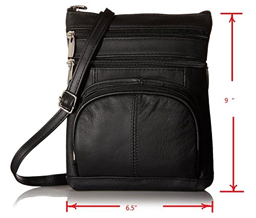 Roma Leathers Genuine Cross Body Purse Bag, Multi-Pocket, Black