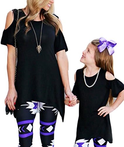 Lazylate Family Matching Shirts Outfits Clothes Mother Daughter Cold Open Shoulder Loose Tunic Tops for Leggings (L, Black/Mom)