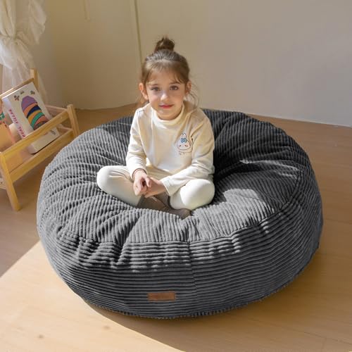 MAXYOYO Bean Bag Chair Bed, Corded Bean Bag Floor Mattress Bed for Boys and Girls, Stuffed Floor Sofa Couch Sofa Bed for Kids, High-Density Foam Filling, Dark Grey, 38"x38"