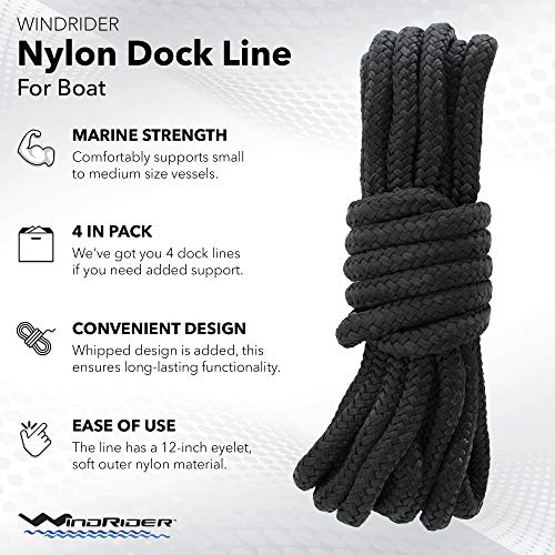 WindRider Dock Lines for Boats 3/8 Inch 15 Ft Pack of 4 with 12inch Eyelet Whipped End Marine