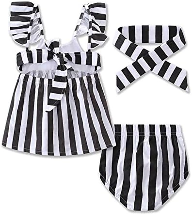Lefyira Baby Girl Dress Vertical Stripes Lotus Sleeve U-Shaped Collar High Waist Shirt+Bread Pants+ Headband (Black, 70)