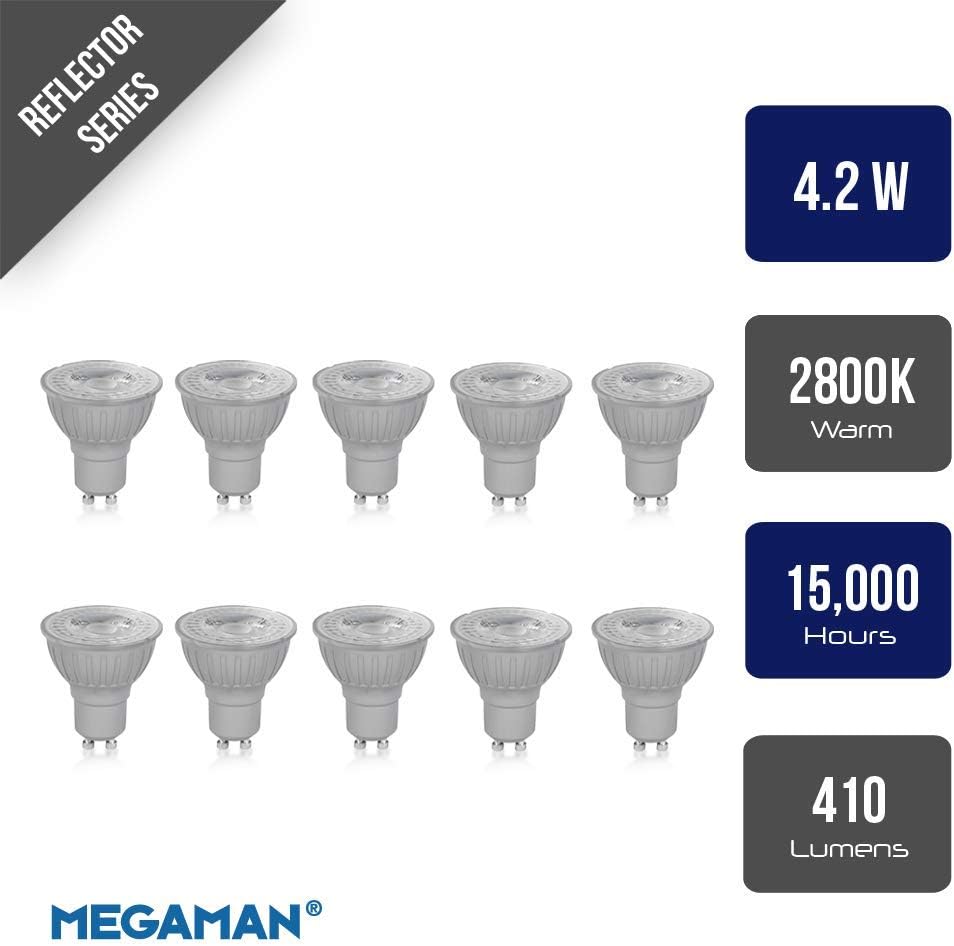 Megaman GU10 Reflector Non-Dimmable LED Lamp, 4.2 Watt, 2800K Colour Temperature, Warm White 10 Packs, Warm White 2800k - Image 3