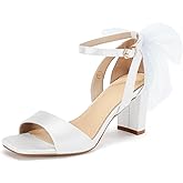 Coutgo Women's Bow Tie Heeled Sandals Chunky Heels One Strap Satin Ankle Buckle Dress Wedding Shoes