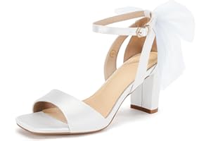 Coutgo Women's Bow Tie Heeled Sandals Chunky Heels One Strap Satin Ankle Buckle Dress Wedding Shoes