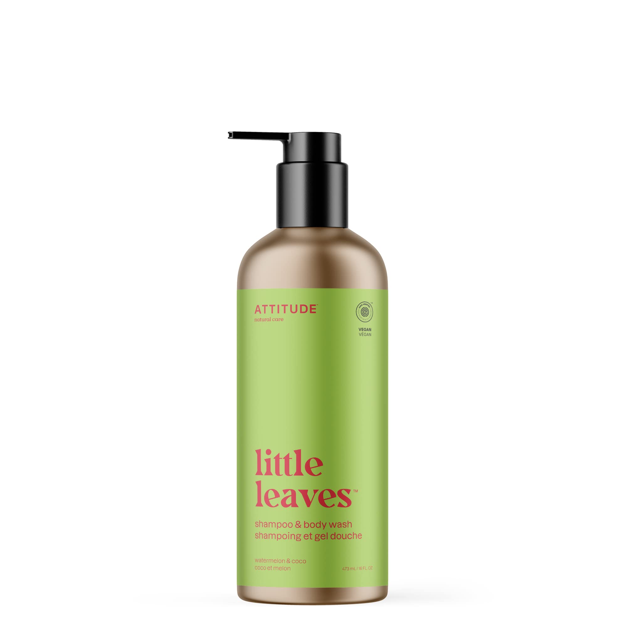 ATTITUDE Shampoo and Body Wash for Kids, EWG Verified Hair and Body Cleanser, Dermatologically Tested Soap, Plant and Mineral Based Bath Products, Vegan, Refillable Bottle, Watermelon and Coco, 473 mL