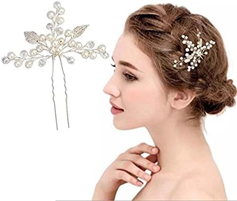 Bridal Headpiece,OWEV 2 Sets of Slivery Handmade Wedding Hair Comb Clip Pearl Hairpin Rhinestone (L)