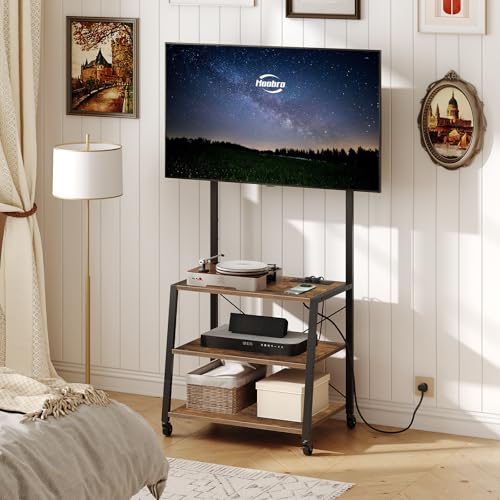 HOOBRO Mobile TV Stand Cart, 3 Tier Floor TV Cart with Wheels, Rolling TV Stand for Living Room, Height Adjustable Rolling TV Storage for Bedroom, Office, Rustic Brown and Black EBF66KDS01