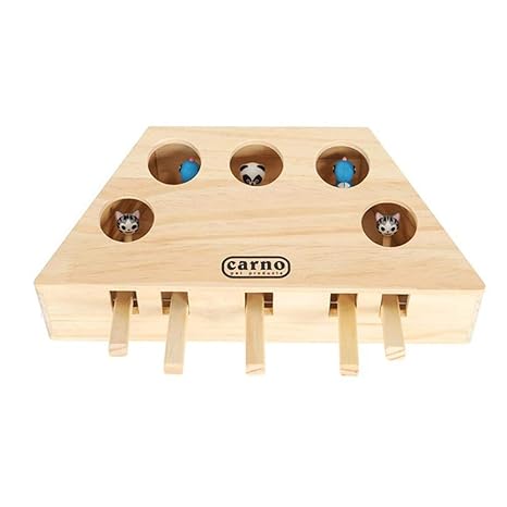 Geggur Cat Toy Puzzle Box,Interactive Cat Teaser Toy Solid Wooden Cat Toy Box Exercise Toy Whack A Mole Mouse Puzzle Box for Cat Kitten Hunting Playing Exercising Scratching Bite,3/5 Holes