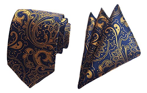 MENDENG Men's Gold Blue Paisley Silk Ties Business Wedding Necktie Hanky Tie Set