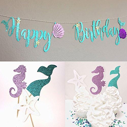 Mermaid Birthday Party Bunting Banner and 12 pcs Cupcake Toppers for Party