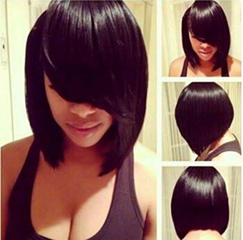 AmorWig Stylish Nest Side Bangs Bob Silk Straight Black Hair Wig + Wig Cap
