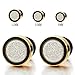 10MM Men Women Gold Black Stud Earring Steel Illusion Tunnel Plug with Silver Sand Glitter, 2pcs