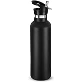Neihepal Black Stainless Steel Water Bottles,24 Ounce Vacuum Insulated Double Wall Travel Bottle with Leak-Proof Straw Lid of Handle,Metal Reusable Standard Mouth Flask Thermoses for School,Hikers