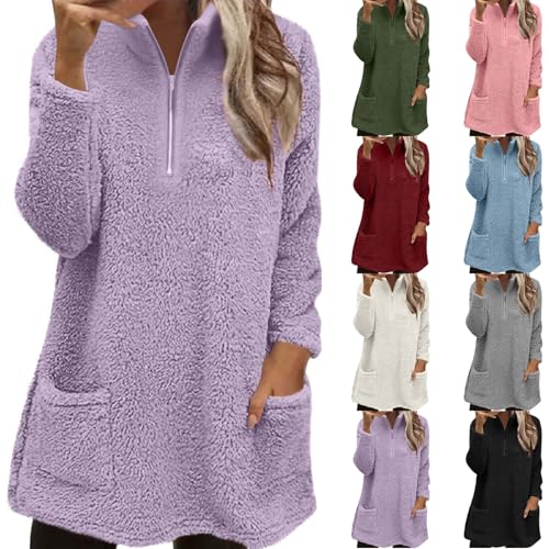 Womens Fleece Sweatshirts Long Sleeve Half Zip Up Sweaters Ladies Teddy Soft Fluffy Pullover Oversized Cozy Tops Casual Plain Jumpers with Pockets