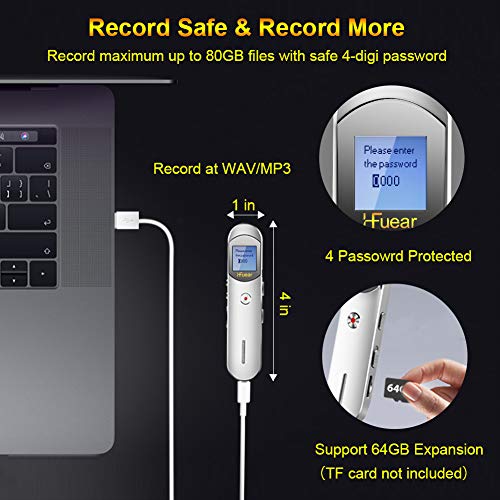 16GB Digital Voice Recorder, 1536kbps(64GB TF Card) Voice Activated Recorder with Playback, Metal Audio Sound Recorder Dictaphone, Password, USB Charge, MP3 Player, A-B Repeat for Lectures,Meetings,In - Thumbnail 5
