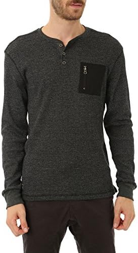 Distortion Mens Long Sleeve Basic Thermal Henley T Shirt, Casual Henley Pullover Top, Warm &amp; Stylish With Nylon Zip Chest Pocket, Black (Medium)