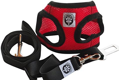 Mesh Dog Harness and Leash Set with Adjustable Velcro Collar for No Pull and Easy Walking - Medium Red