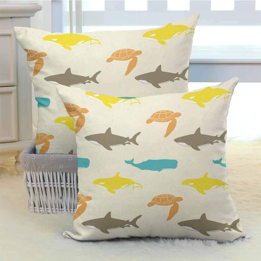 DuckBaby Sea Animals Zippered Pillowcase Pattern with Whale with Hidden Zipper （2 PCS, 22x22 Inch） Shark and Turtle Aquarium Doodle Style Marine Life