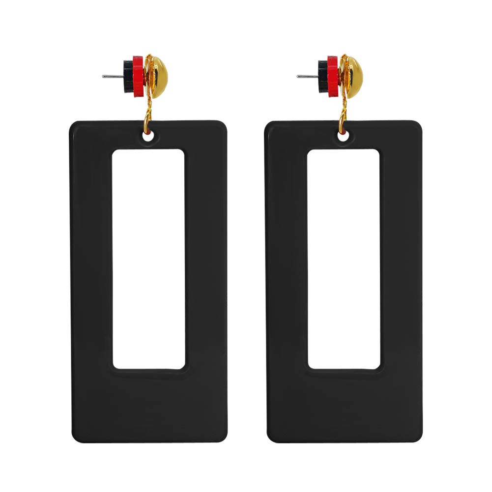 Acrylic Earrings for Women Resin Marble Texture Geometric Rectangle Gold Plated Pendant Earrings(Black)