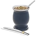 balibetov Mate Cup and Bombilla Set - Yerba Mate set includes One Yerba Mate Cup, Two Bombilla Mate (Straw) and Brush - Stainless Steel Double-Wall | Easy to Clean Yerba Mate Gourd (Grey)