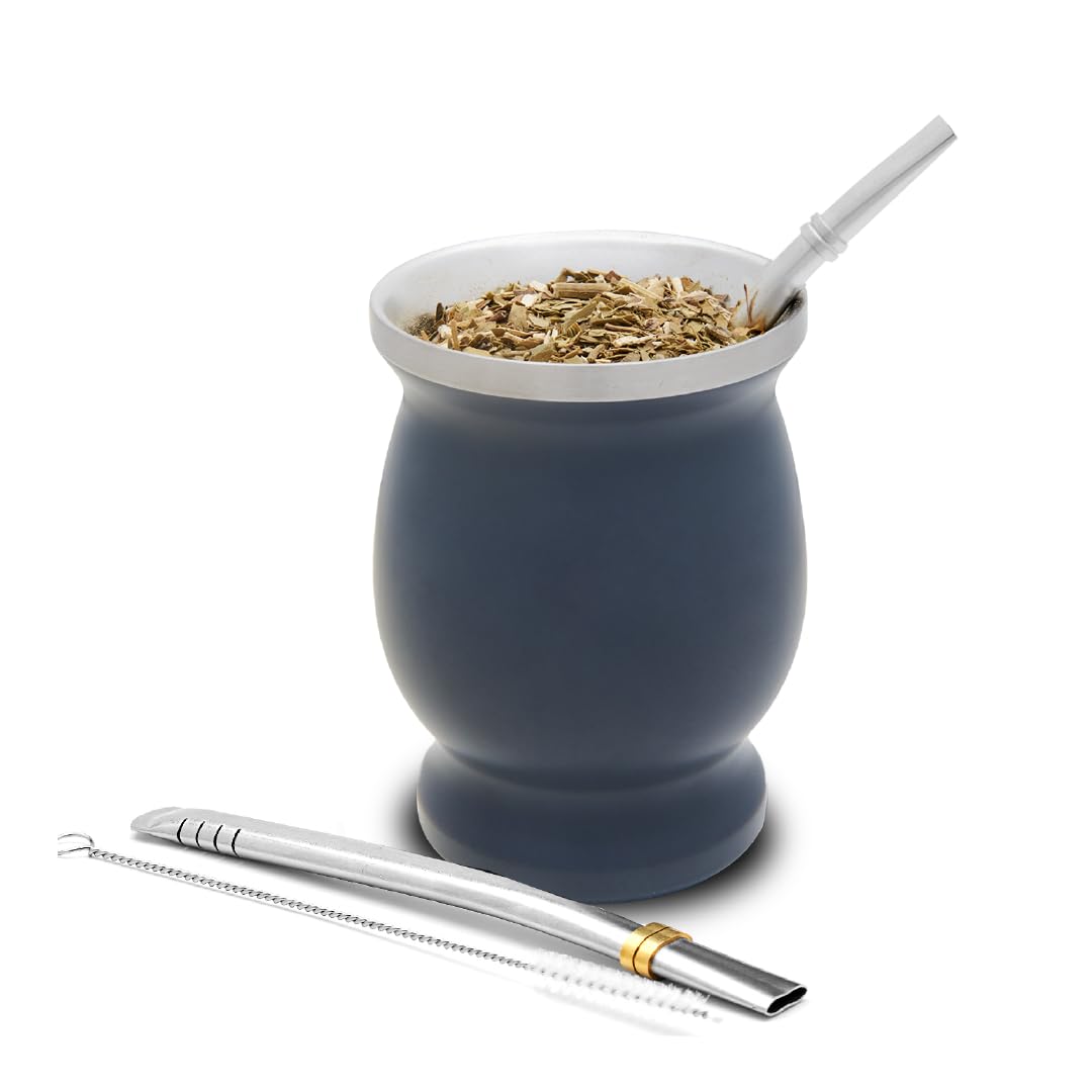 Balibetov Yerba Mate Set - Includes One Mate Cup, Two Bombilla Straws and Brush - Stainless Steel Double-Wall | Easy to Clean Grey Gourd