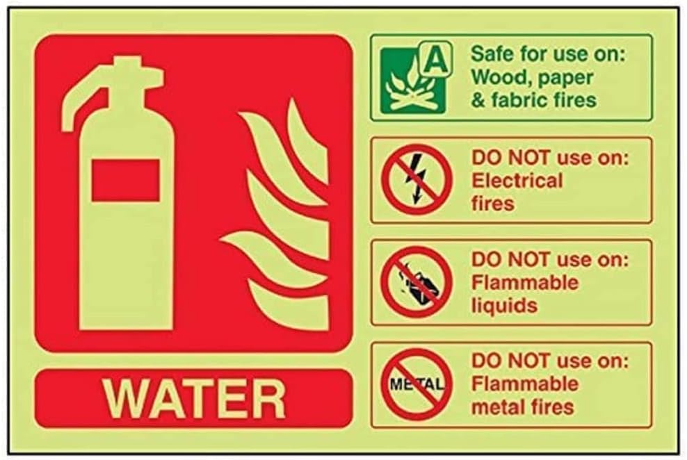 VSafety Glow In The Dark Water Fire Extinguisher Sign 150x100mm