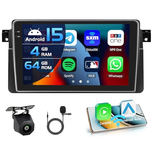 Inefala 4+64G Radio for BMW E46 1999-2005 Android 15 mit 9'' In-Cell Screen with Wireless Carplay and Android Auto Mirror Link Radio FM/RDS GPS WiFi Bluetooth SWC Reverse Camera