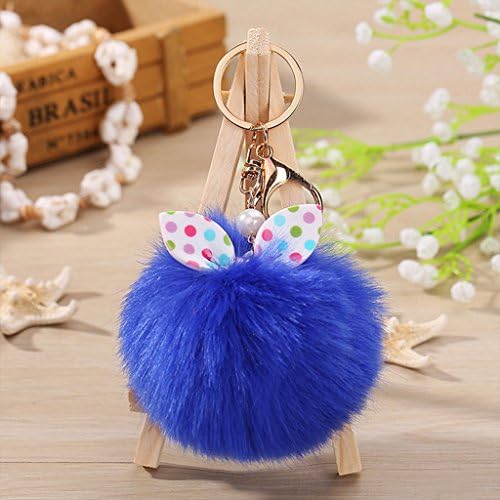 Kansea Cute Rabbit Fur Fluffy Puff Ball Bowknot PomPom Charm Car Handbag Key Chain Ring(Royal blue)