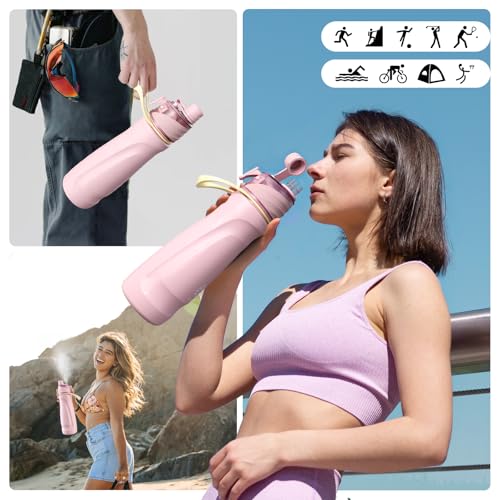 magcheer 750ml Insulated Metal Spray Water Bottle | Stainless Steel Water Bottle with Spray Mist | Leakproof Misting Drinking Bottle for Cycling Hiking Outdoor Sport Hydration Cooling(Pink)
