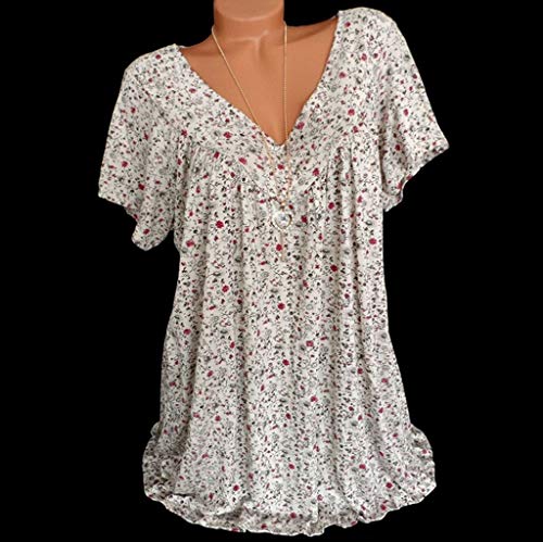 Womens Loose Plus Size Floral Print T-Shirt Tee S-5XL,Ruffle Short Sleeve V-Neck Basic Top Fashion Style for Laides and Girl White