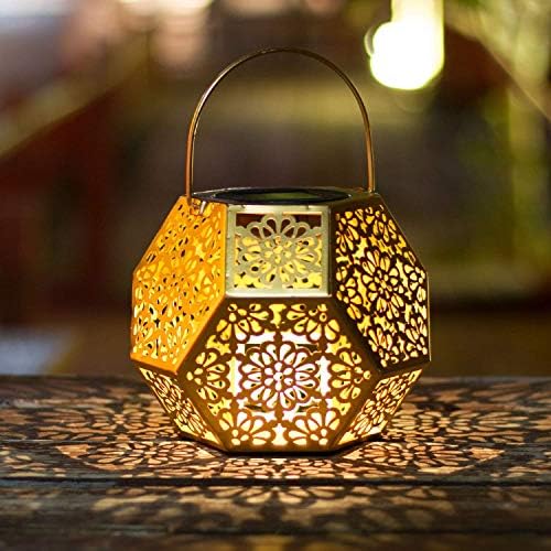Solar Lantern Lights,Outdoor Hanging Garden Lights Gold Metal Lamp for Patio,Outside or Table