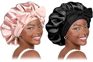 Y-box 2 PCS Silk Bonnet for Sleeping Hair Bonnet with Tie Band Curly Natural Hair