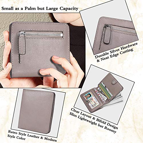 AINIMOER Small Leather Wallet for Women, Ladies Credit Card Holder RFID Blocking Women's Mini Bifold Pocket Purse, Vintage Gray
