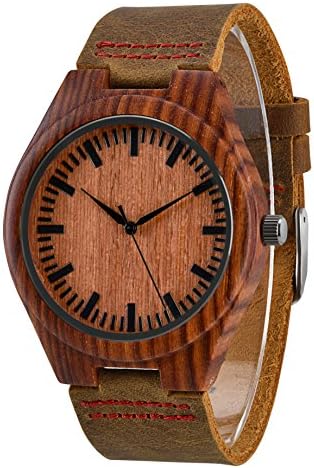 ZHHA Unisex Men's Women Luxury Wooden Watch with Brown Cowhide Leather Band Analog Quartz Waterproof