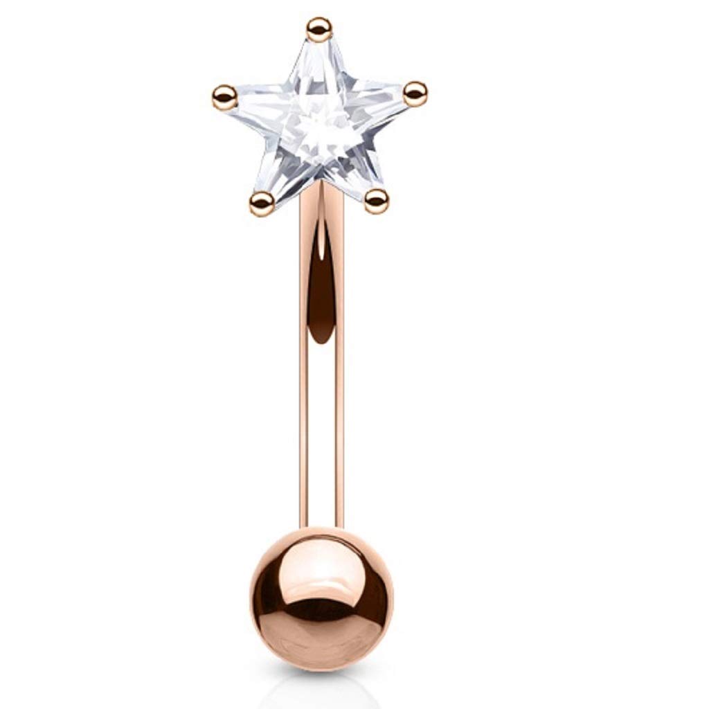 PiercedOff Rose Gold Tone PVD over 316L Surgical Steel 1.2mm Curved Barbell with 3mm Clear CZ Star - Bar Length 8mm