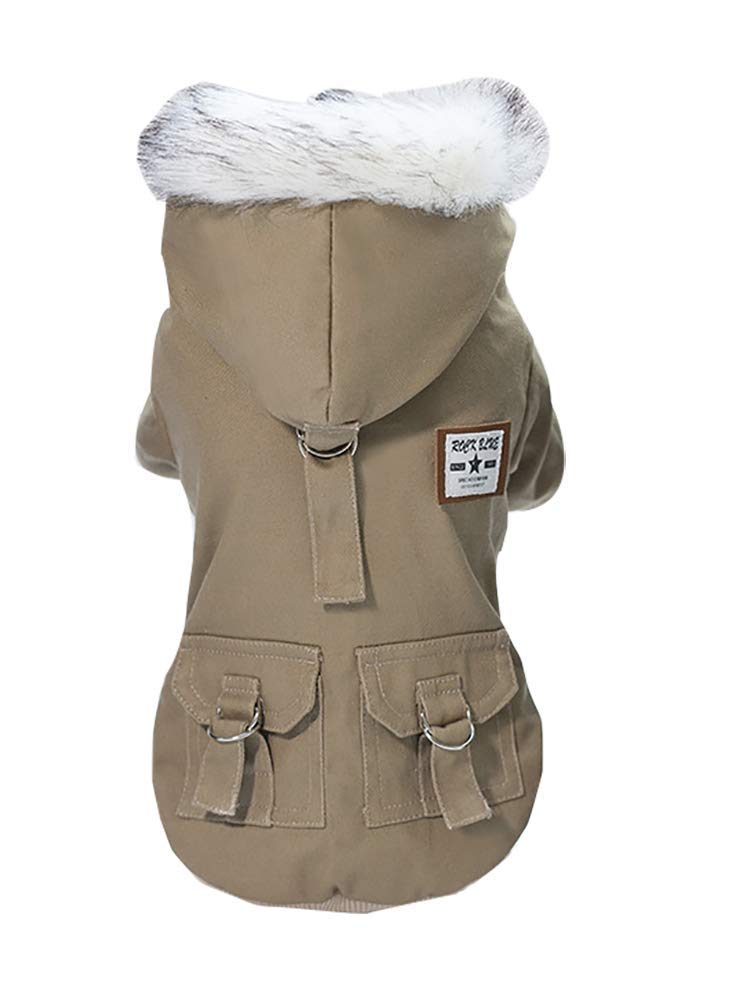 Izefia Dog Coat Hoodies Work Clothes Thickened Dog Overall Dog Military Uniform Army Hoodie Sweater Cotton Jacket for Small Dog Medium Dog Cat Khaki L