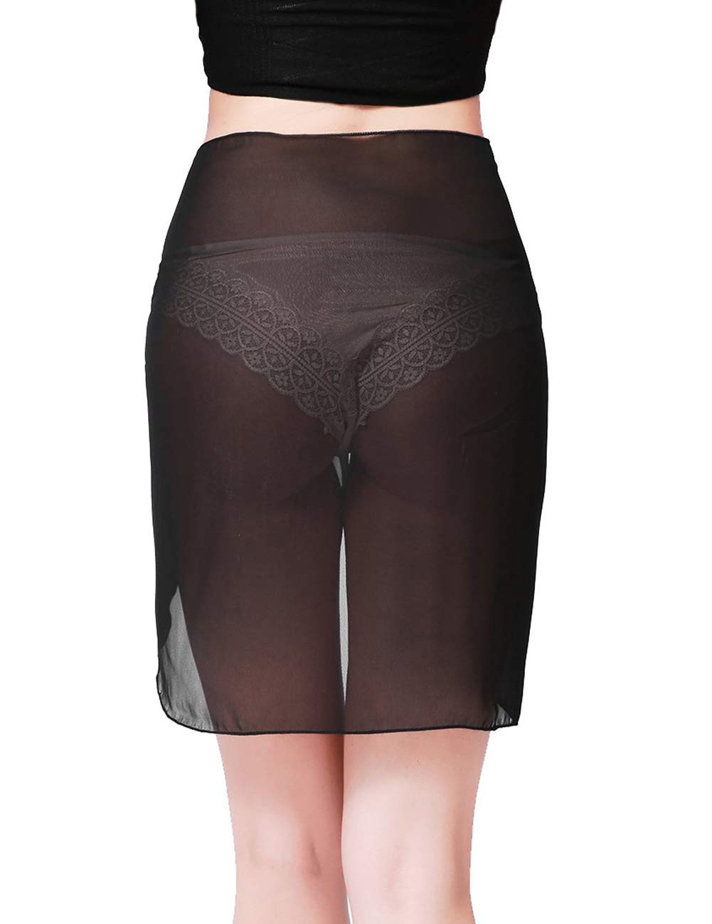 Women Beach Chiffon Sheer Short Sarong Wrap Bikini Cover Up Printed/Solid Color Mini Slit Skirt Swimwear Bathing Suit Black