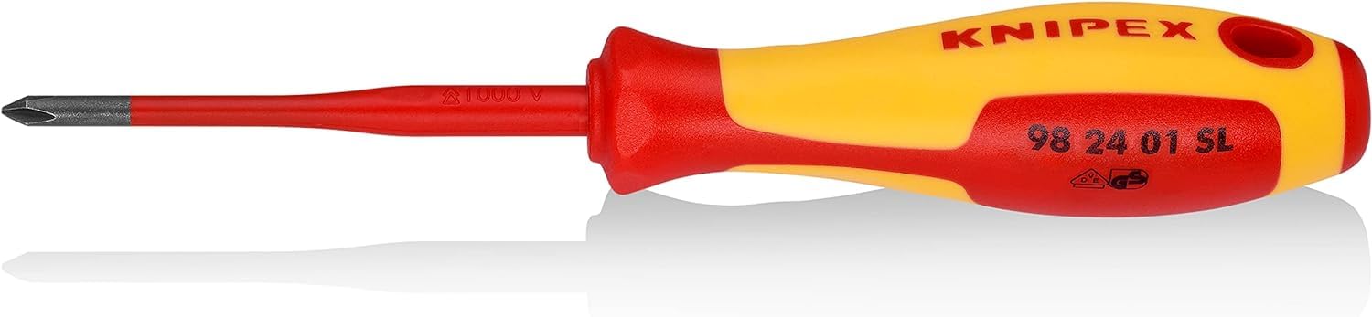 KNIPEX Screwdriver (Slim) for Cross-Recessed Screws Phillips Insulating Multi-Component Handle, VDE-Tested 187 mm, 98 24 01 SL
