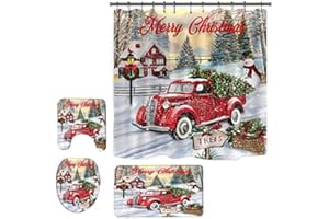 DOLASEV Christmas Shower Curtain Sets with Rugs, Christmas Red Truck Shower Curtain Set, Christmas Bathroom Sets with Shower Curtain and Rugs (B3)