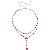 Unijew Vampire Choker Necklace for Women, Gothic Blood Red Double-Layer Chain with Teardrop Pendant, Halloween Costume Jewelry Accessory
