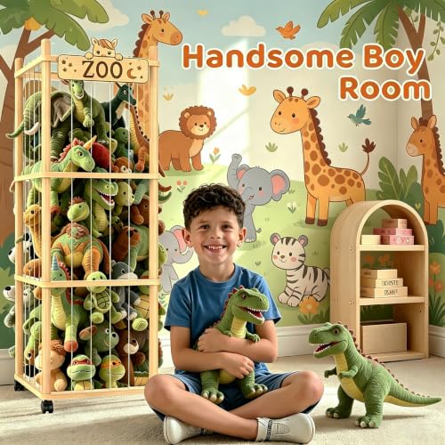 Stuffed Animal Storage, Wooden Large Stuffed Animal Holder Organizer with Wheels, Extra Large Capacity Plush Toy Cage, Stuffed Animal Holder, Gift for Nursery Playroom Kidroom Bedroom