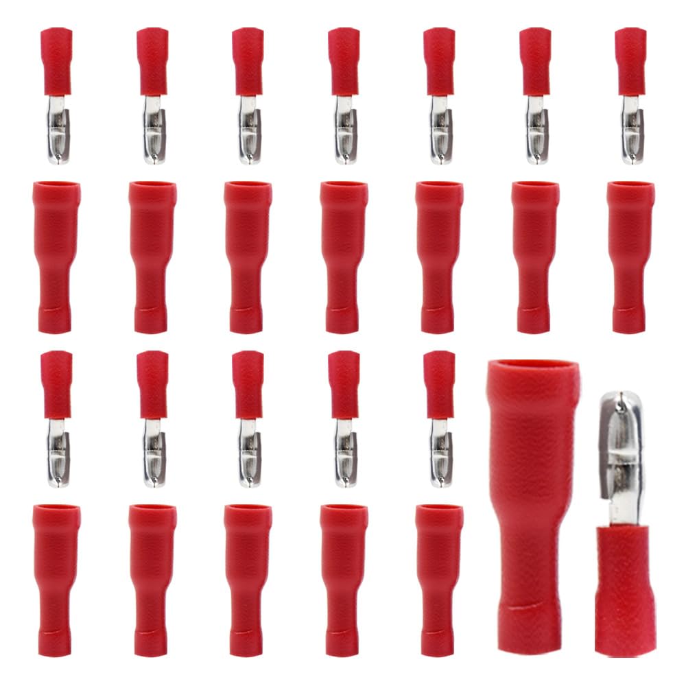 Yosawo 100-pieces Insulated Male/Female Bullet Quick Splice Wire Connector Electrical Crimp Terminal 22-16AWG Red (ZDH)