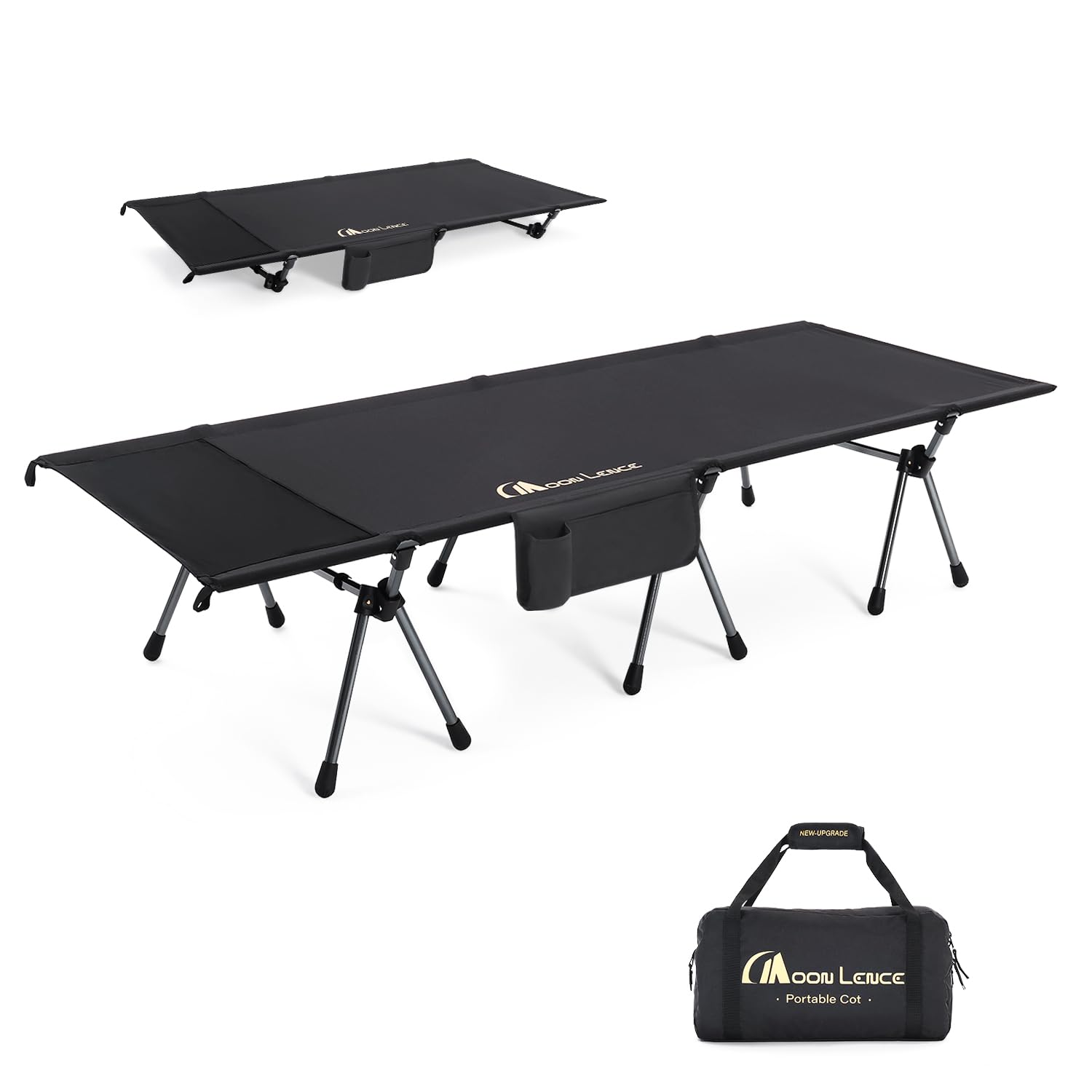 Photo 1 of MOON LENCE Height Adjustable Camping Cot - Supports 330 lbs, Portable Folding Bed with Leg Extenders for Camping, Hiking, Sleeping, 1 Pack, Black