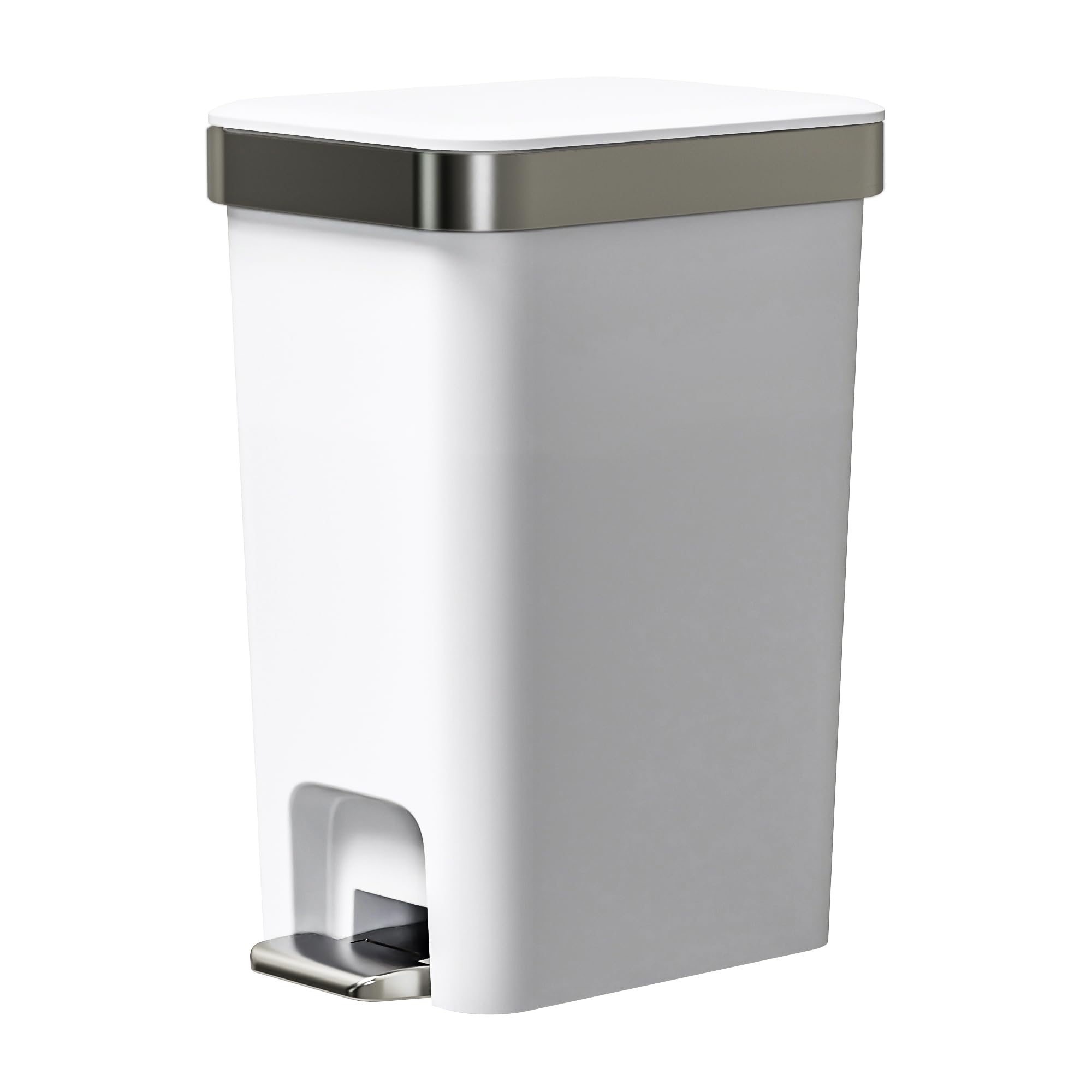 Photo 1 of onlcuk Small Bathroom Trash Can with Lid Soft Close, 10 Liter/2.6 Gallon Slim Garbage Can-Metal Step and Press top Lid, Mini Modern Waste Basket for Toilet, Office, Bedroom,Dorm,Grayish-White