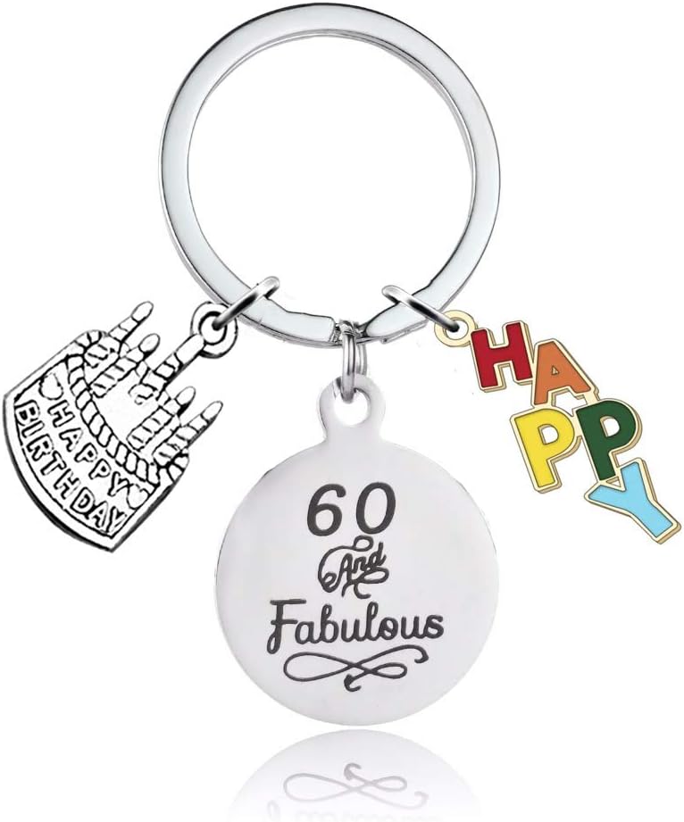 Suithink 60th Happy Birthday Gift Keychain Keyring for Women Men, Silver, 30mm