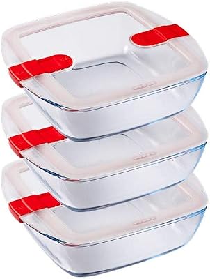 Cook and Heat Cook & Heat - Set di tre alimenti quadrati in vetro da 1 l con coperchio ermetico speciale per microonde