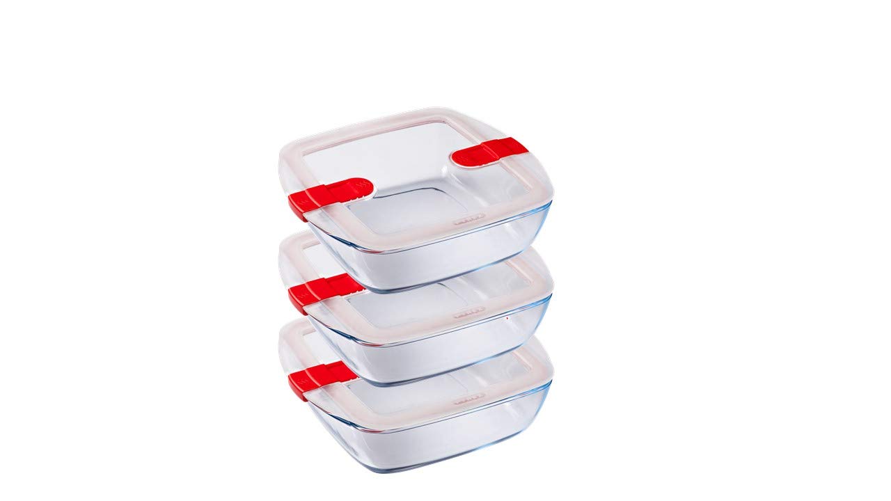 Pyrex Cook & Heat - Set of 3 identical square tins - 1L - Borosilicate glass - LunchBox - Special Micro-Wave airtight lid - Made in France