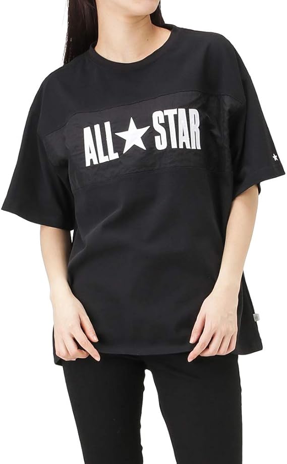 Amazon Converse コンバース Tシャツ 半袖 半袖tシャツ クルーネック レディース ナイロン切替半袖tシャツ ブランドロゴ 白 黒 02 3810 ブラック L Tシャツ カットソー 通販