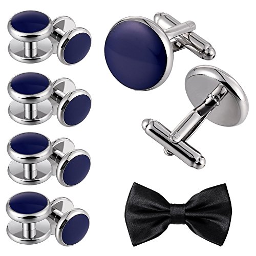 Aienid Cufflinks Silver Blue Stanless Steel Studs and Cufflinks Set for Men Wedding Party Jewelry