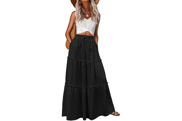 Qixing Women’s Summer Maxi Skirts Elastic Waist Pleated A Line Long Skirt Flowy Swing Beach Boho Skirt with Pockets